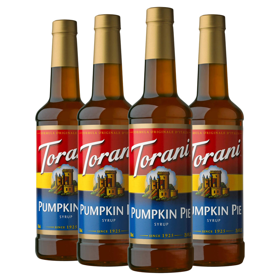 Torani Pumpkin Pie Syrup bottle front for cozy coffee flavor enhancements.