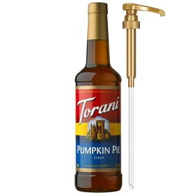 Torani Pumpkin Pie Syrup bottle with pump for easy, mess-free flavoring.