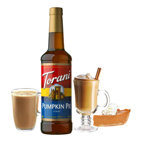 Close-up of Torani Pumpkin Pie Syrup label showing natural flavors and pumpkin notes.