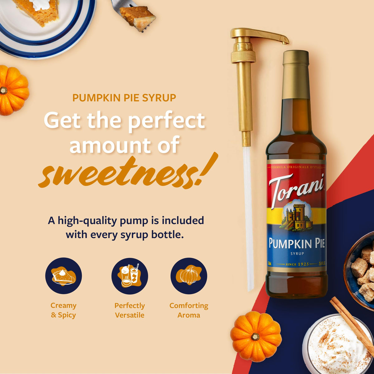 Torani Pumpkin Pie Syrup adds creamy pumpkin notes to lattes.