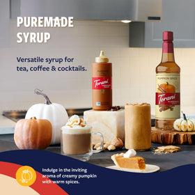Torani Pumpkin Spice Syrup drizzled on dessert for autumn aroma.
