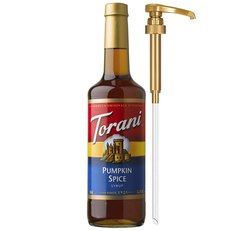 Torani pumpkin spice syrup bottle with pump for easy home flavoring