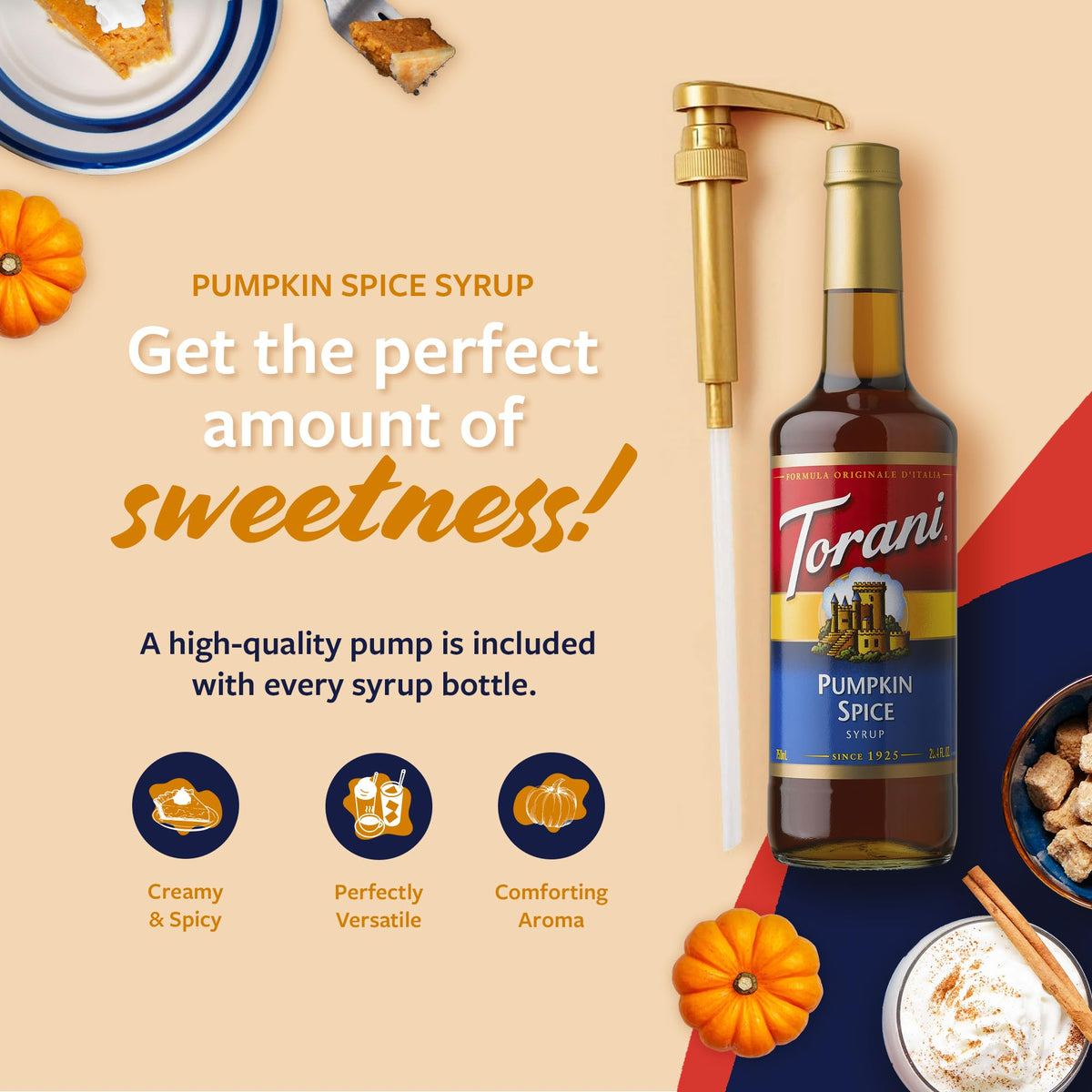 Latte featuring Torani pumpkin spice syrup for warm fall flavor