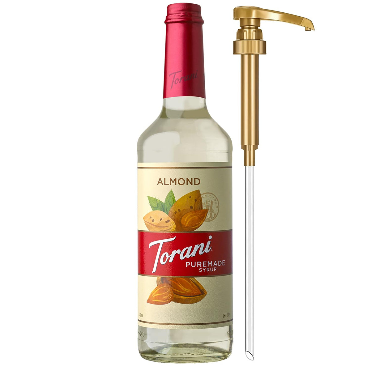 Torani Puremade Almond Syrup bottle equipped with pump for easy at-home flavoring.