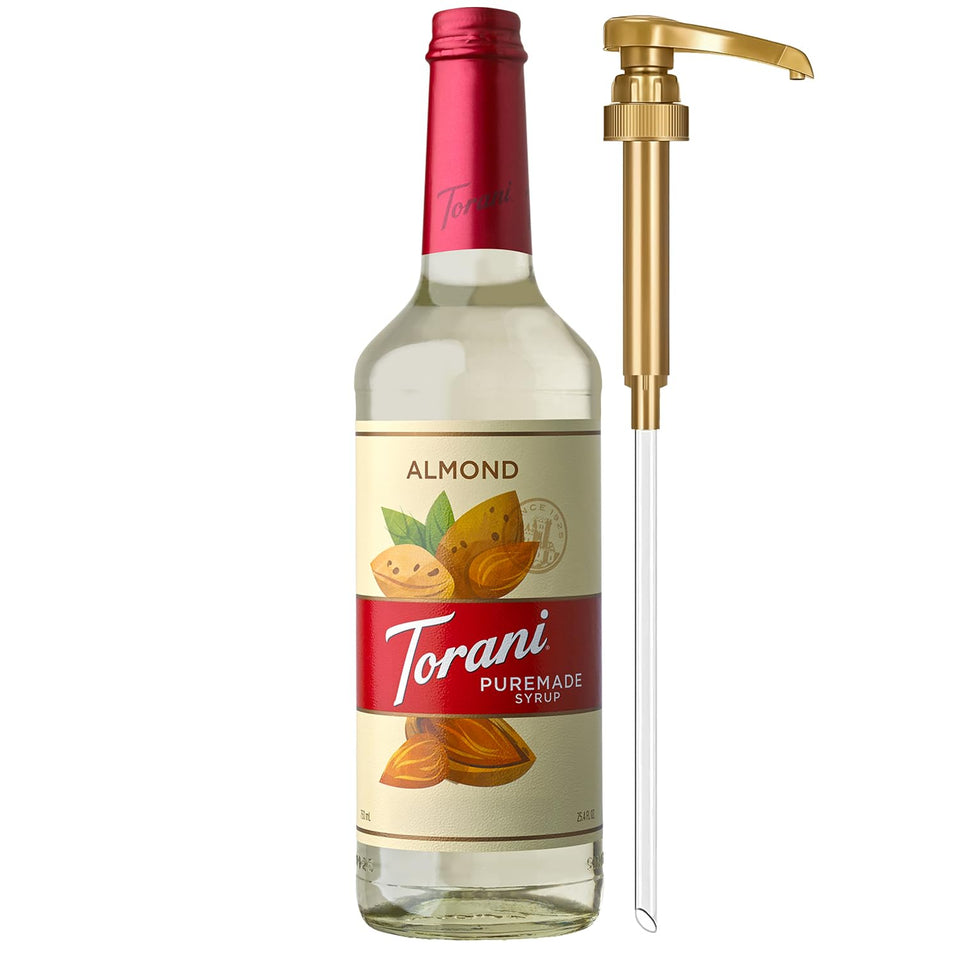 Torani Puremade Almond Syrup bottle equipped with pump for easy at-home flavoring.