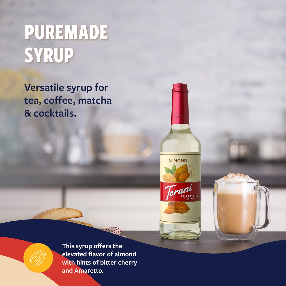 Torani Puremade Almond Syrup label detail highlights authentic flavor profile.
