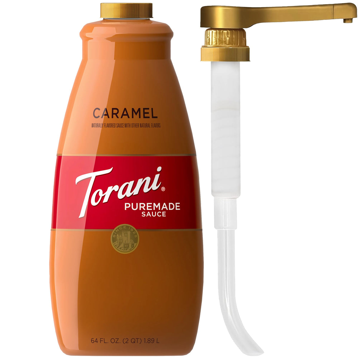 Torani Puremade Caramel Sauce bottle closeup for cafe-quality lattes