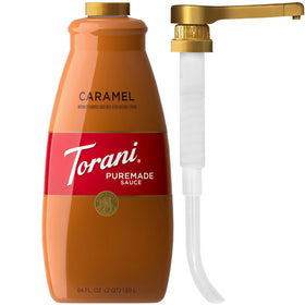 Torani Puremade Caramel Sauce bottle closeup for cafe-quality lattes