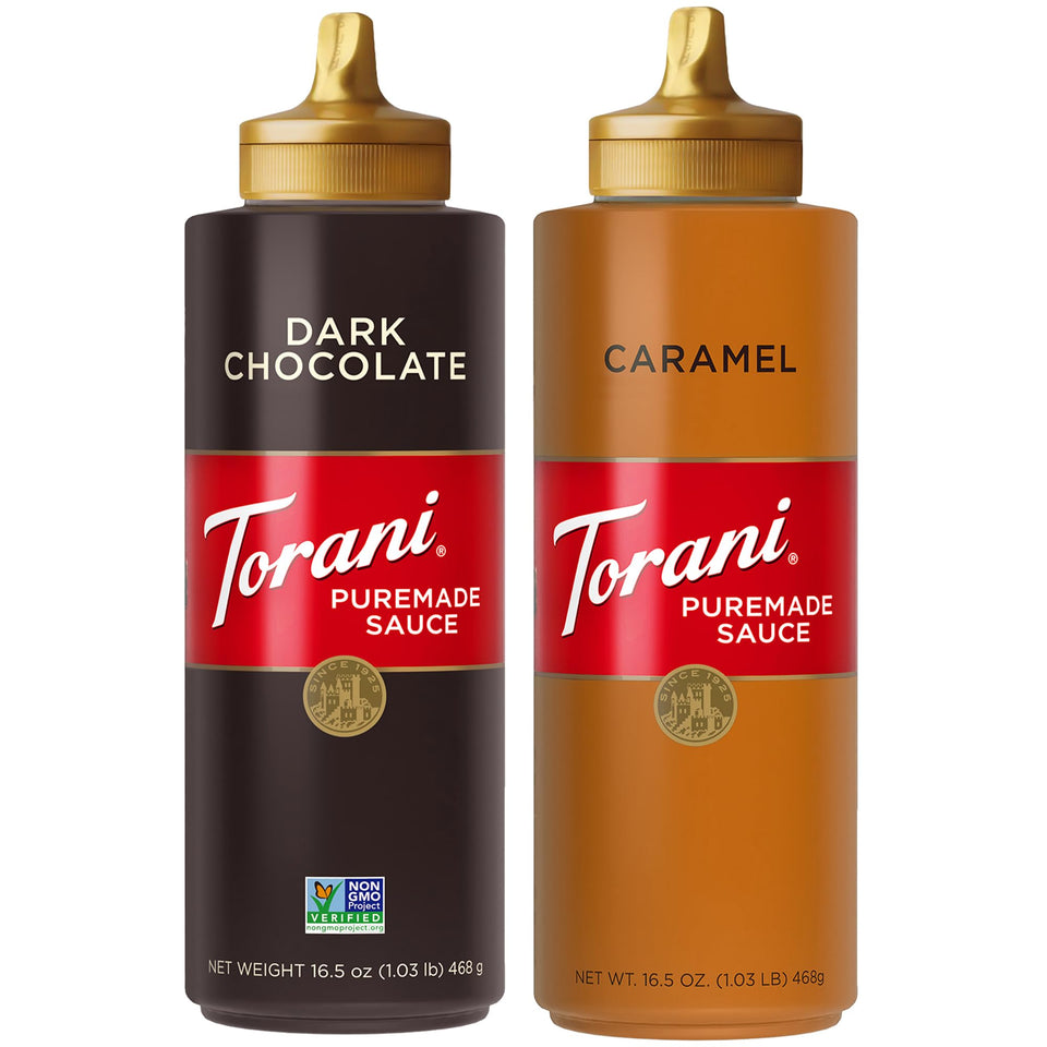 Torani Puremade caramel sauce bottle pour ideal for ice cream drizzle and desserts