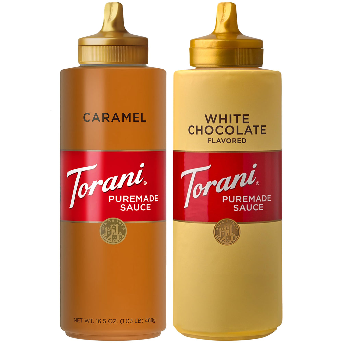 Torani Puremade Caramel Sauce bottle for drizzling on desserts.