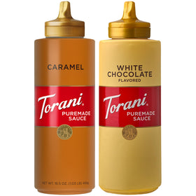 Torani Puremade Caramel Sauce bottle for drizzling on desserts.