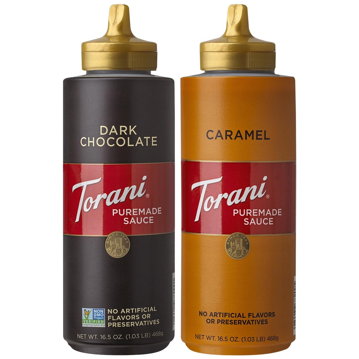 Torani Puremade caramel sauce bottle for silky drizzle on ice cream