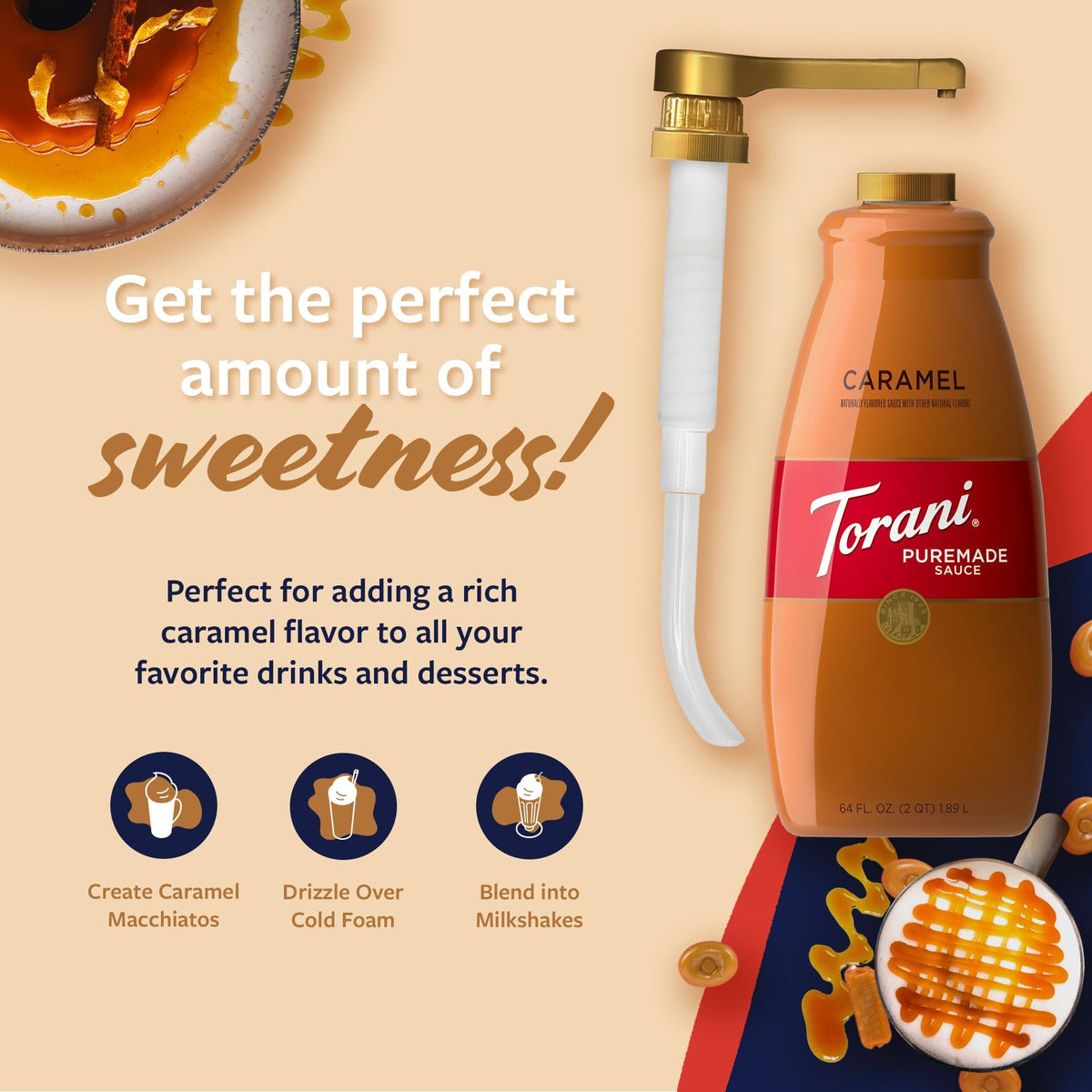 Torani Puremade caramel sauce drizzled over dessert for a rich finishing touch