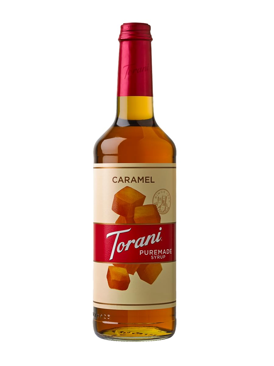 Torani Puremade Caramel Syrup bottle highlights natural flavors for cafe beverages.
