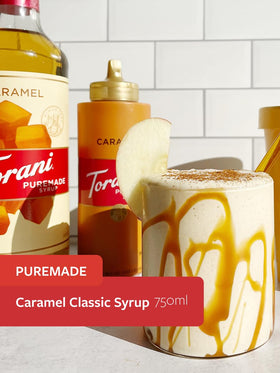 Close-up of the Caramel Syrup label shows GMO-free, no artificial colors or preservatives.