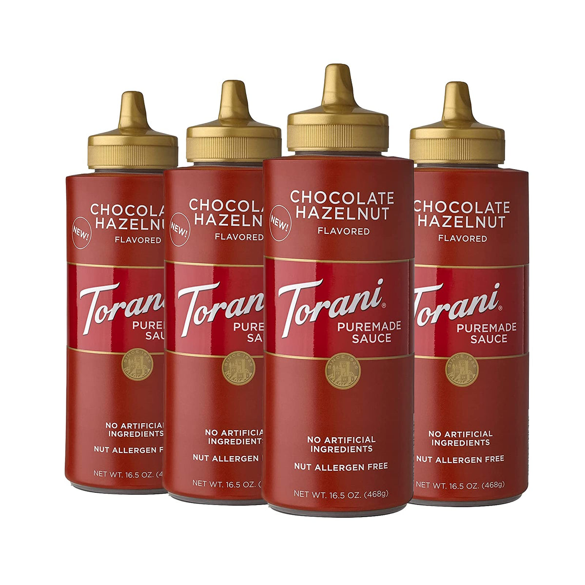 Torani Puremade Chocolate Hazelnut sauce bottle with rich flavor for drinks and desserts.