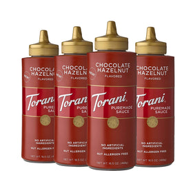 Torani Puremade Chocolate Hazelnut sauce bottle with rich flavor for drinks and desserts.