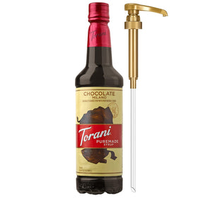 Torani Puremade Chocolate Milano Syrup bottle with pump for easy, mess-free flavoring