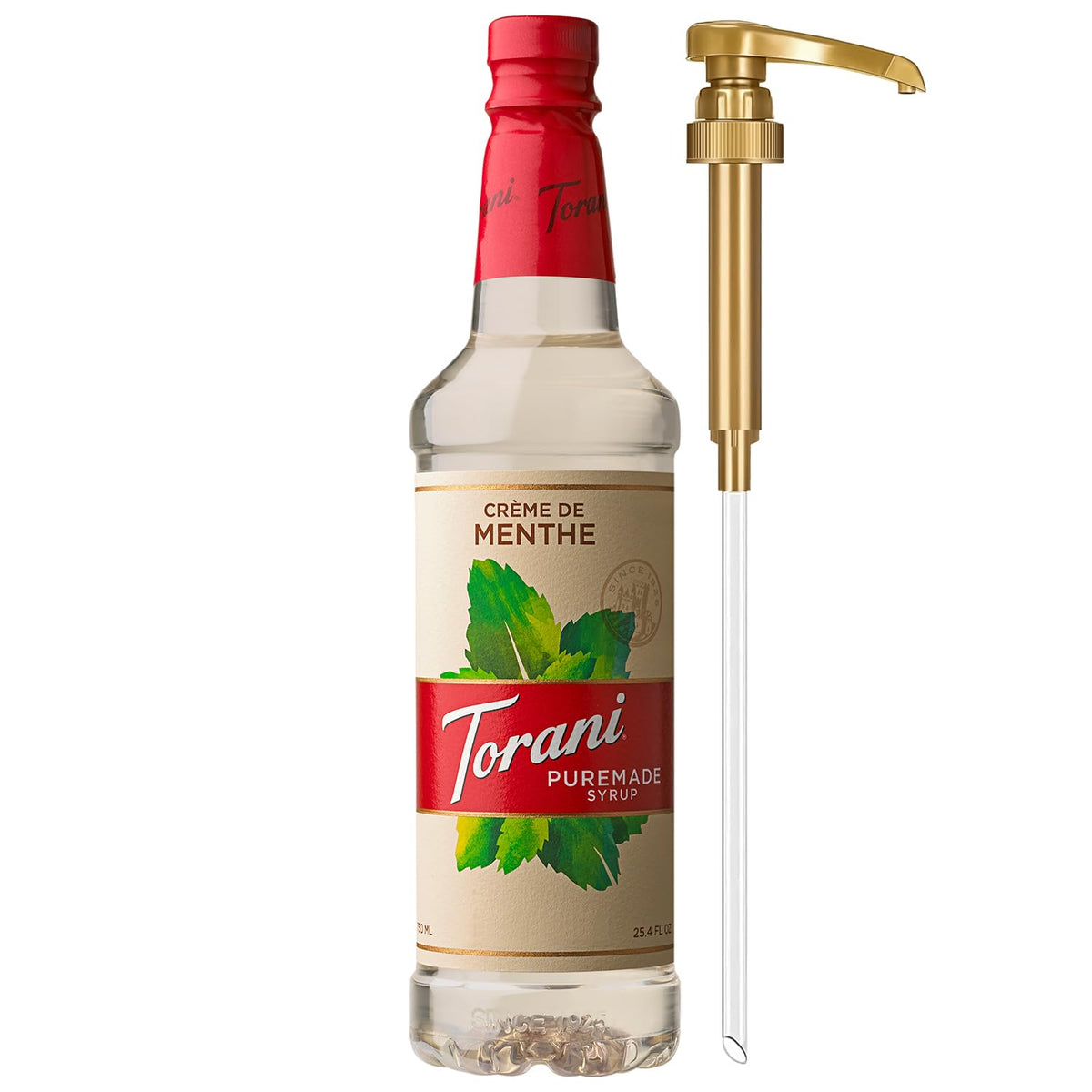 Torani Puremade Creme de Menthe syrup bottle with pump for easy, mess-free flavoring.