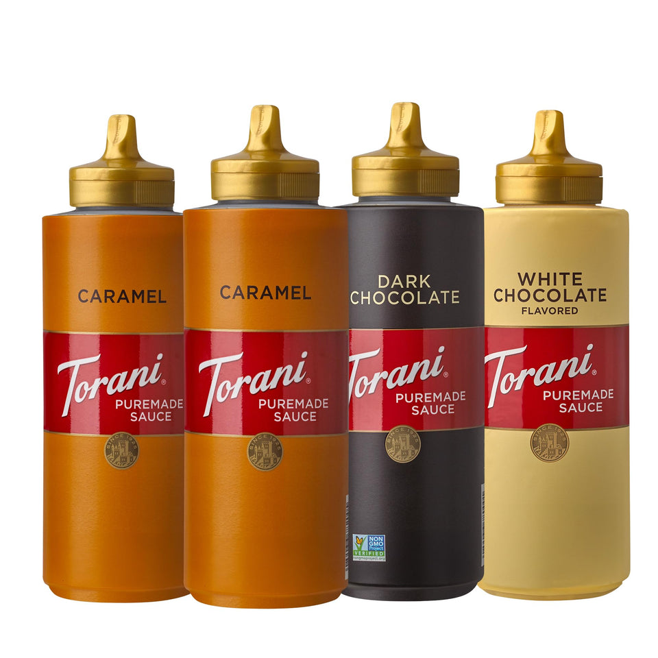 Torani Puremade dark chocolate sauce bottle pour enhances coffee drinks and desserts.