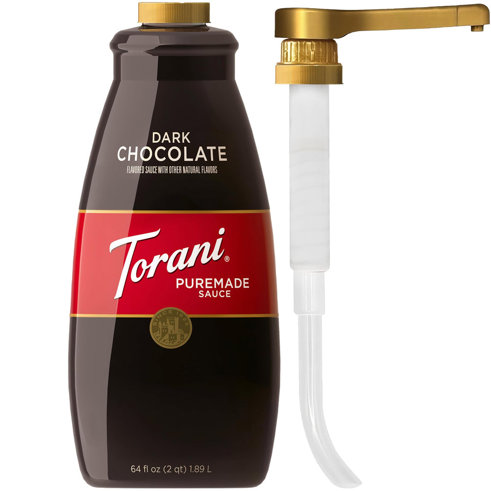 Torani Puremade dark chocolate sauce bottle with pump for cafe-quality drinks