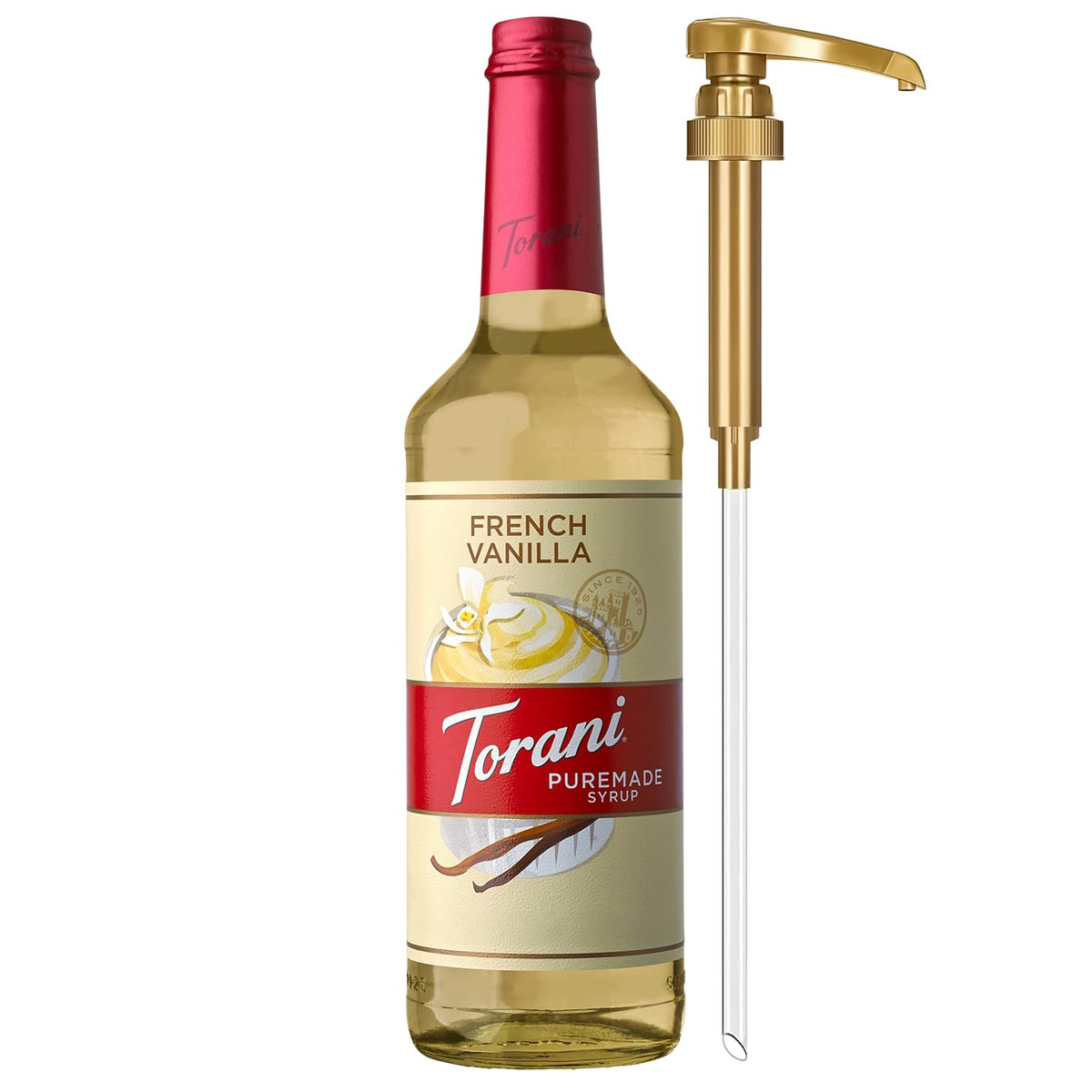 Torani Puremade French Vanilla Syrup bottle with pump for easy, mess-free sweetness.