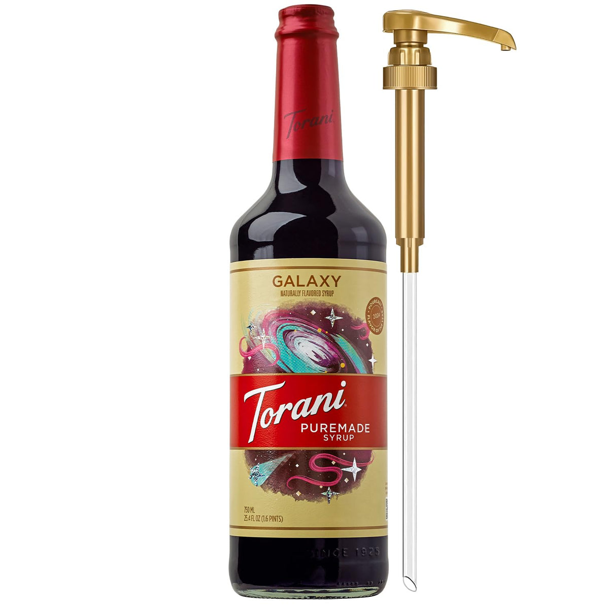 Torani Puremade Galaxy Syrup bottle with pump for easy dispensing
