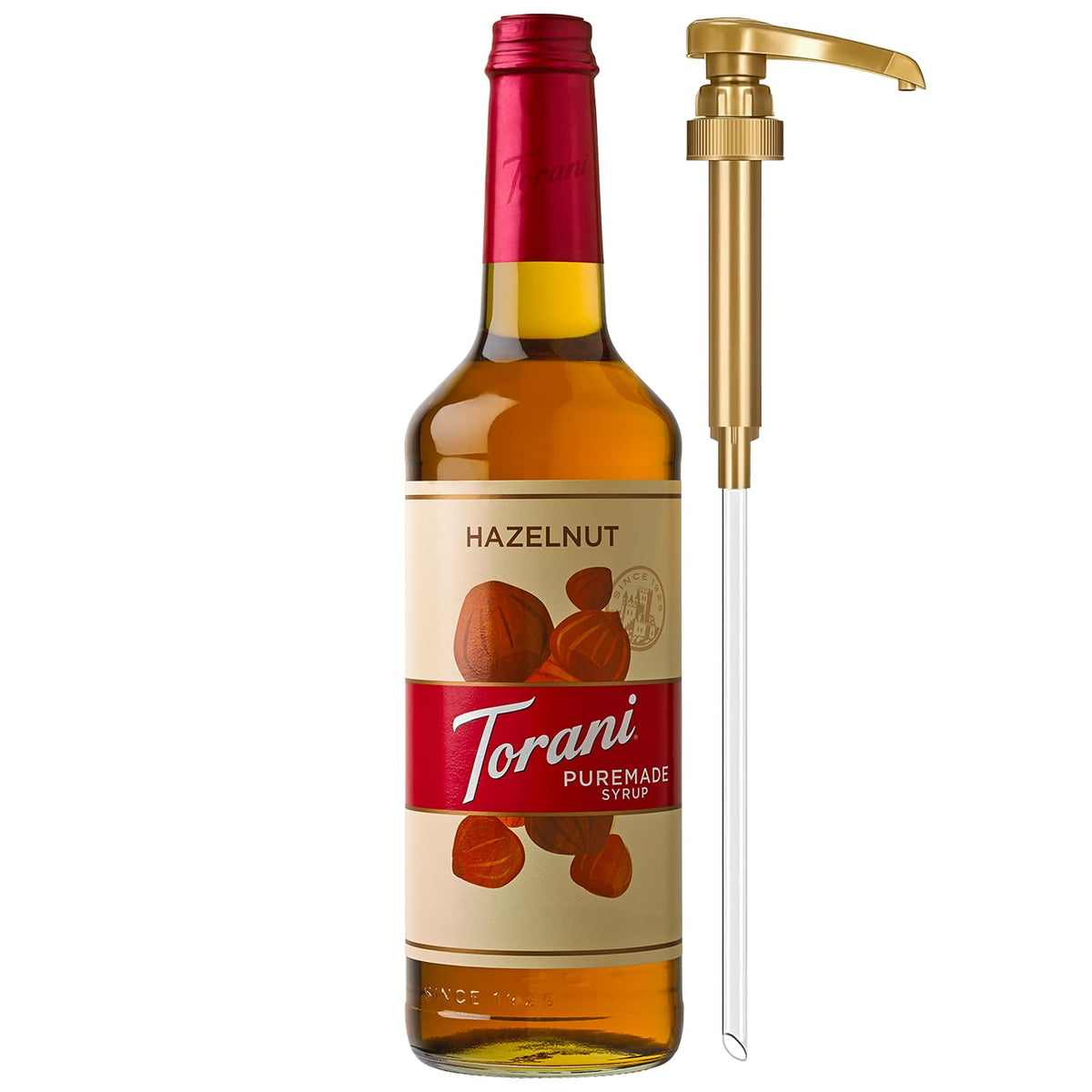 Torani Puremade Hazelnut Syrup bottle with pump for easy, mess-free flavoring.