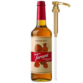 Torani Puremade Hazelnut Syrup bottle with pump for easy, mess-free flavoring.