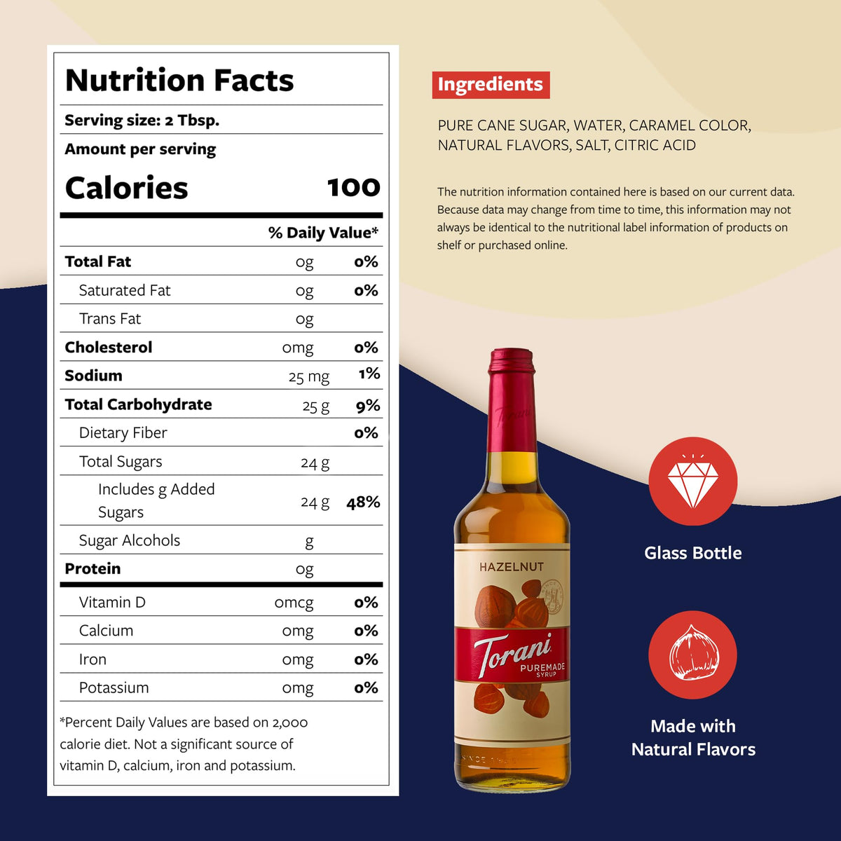Torani Puremade Hazelnut Syrup glass bottle showcases rich, natural color.
