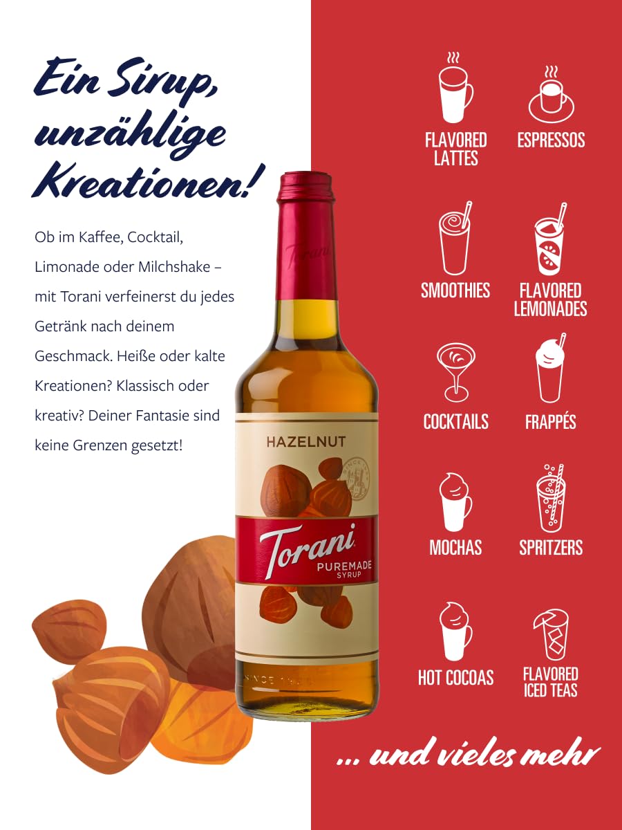 Close-up of Torani Puremade Hazelnut Syrup label