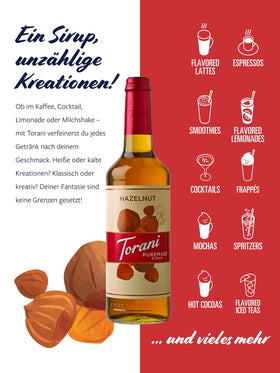 Close-up of Torani Puremade Hazelnut Syrup label