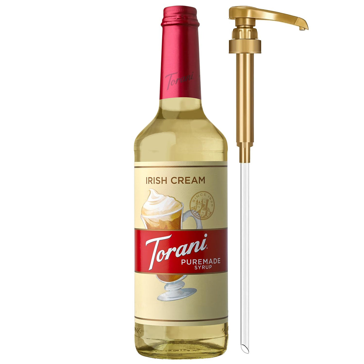 Torani Puremade Irish Cream Syrup bottle with pump, ideal for cafe-like drinks at home.