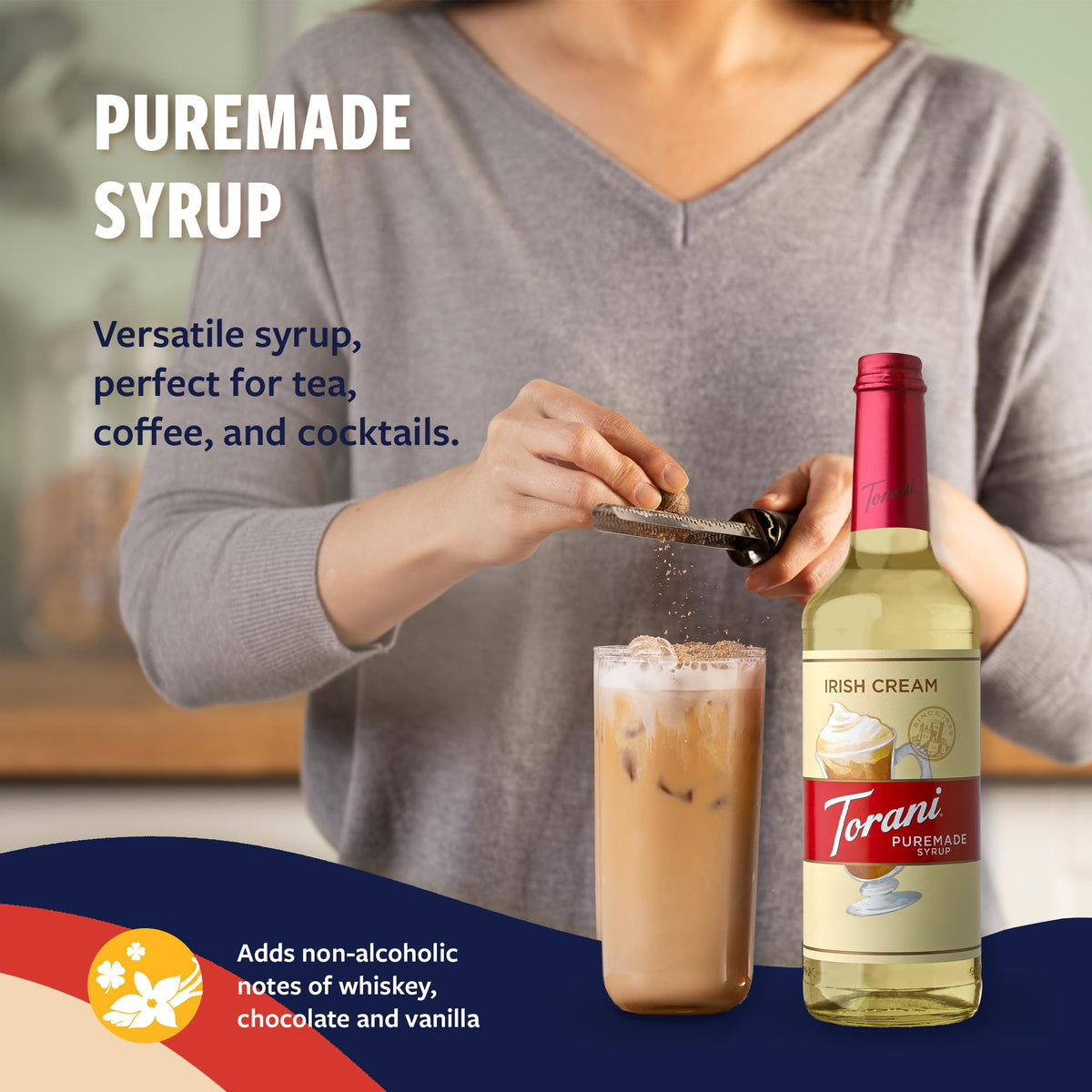 Torani Puremade Irish Cream Syrup on coffee, creamy flavor enhancement.