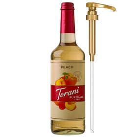 Torani Puremade Peach Syrup bottle shown for easy fruit-flavored drinks