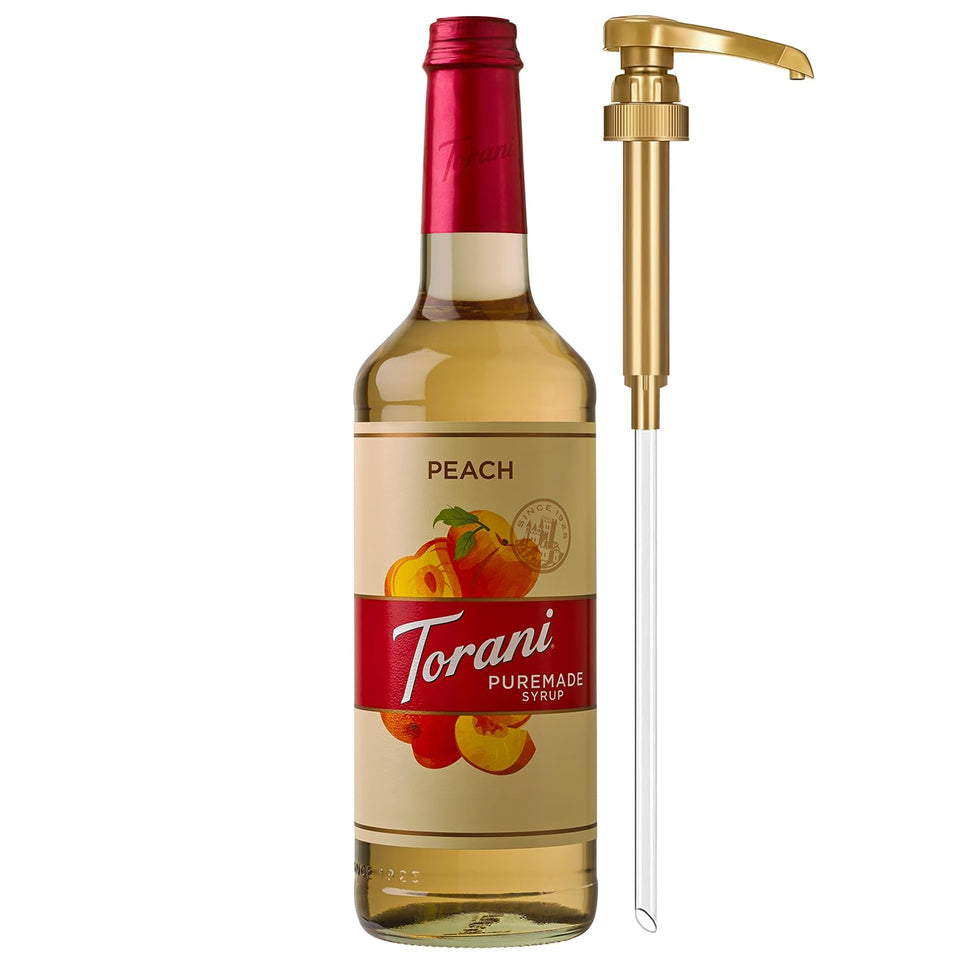 Torani Puremade Peach Syrup bottle shown for easy fruit-flavored drinks