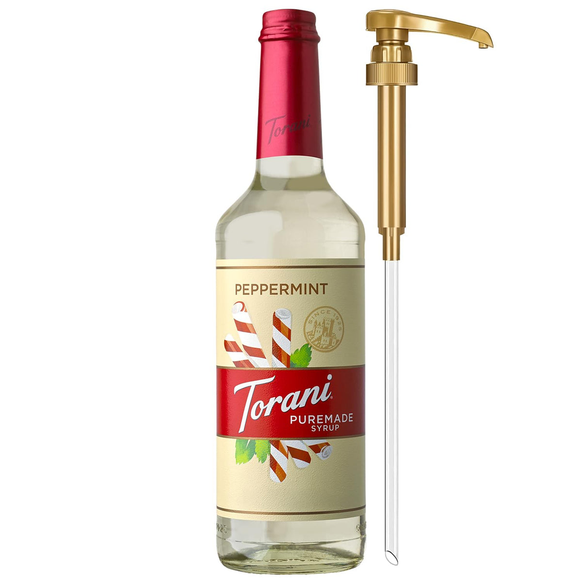 Torani Puremade Peppermint Syrup bottle with pump for mess-free dosing.