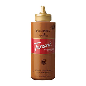 Torani Puremade Pumpkin Pie Sauce bottle adds autumn flavor to lattes and desserts.