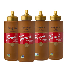 Torani Puremade Pumpkin Pie sauce bottle showcases fall flavors, ideal for desserts and lattes.