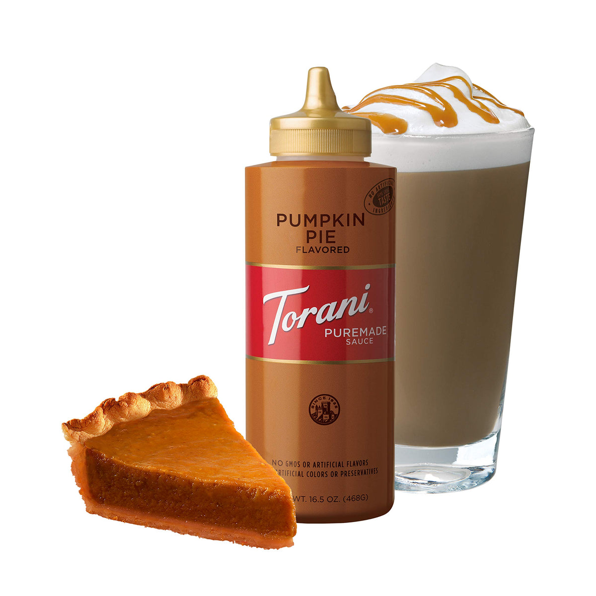 Torani Puremade Pumpkin Pie sauce pour captures creamy drizzle for cafe style drinks.