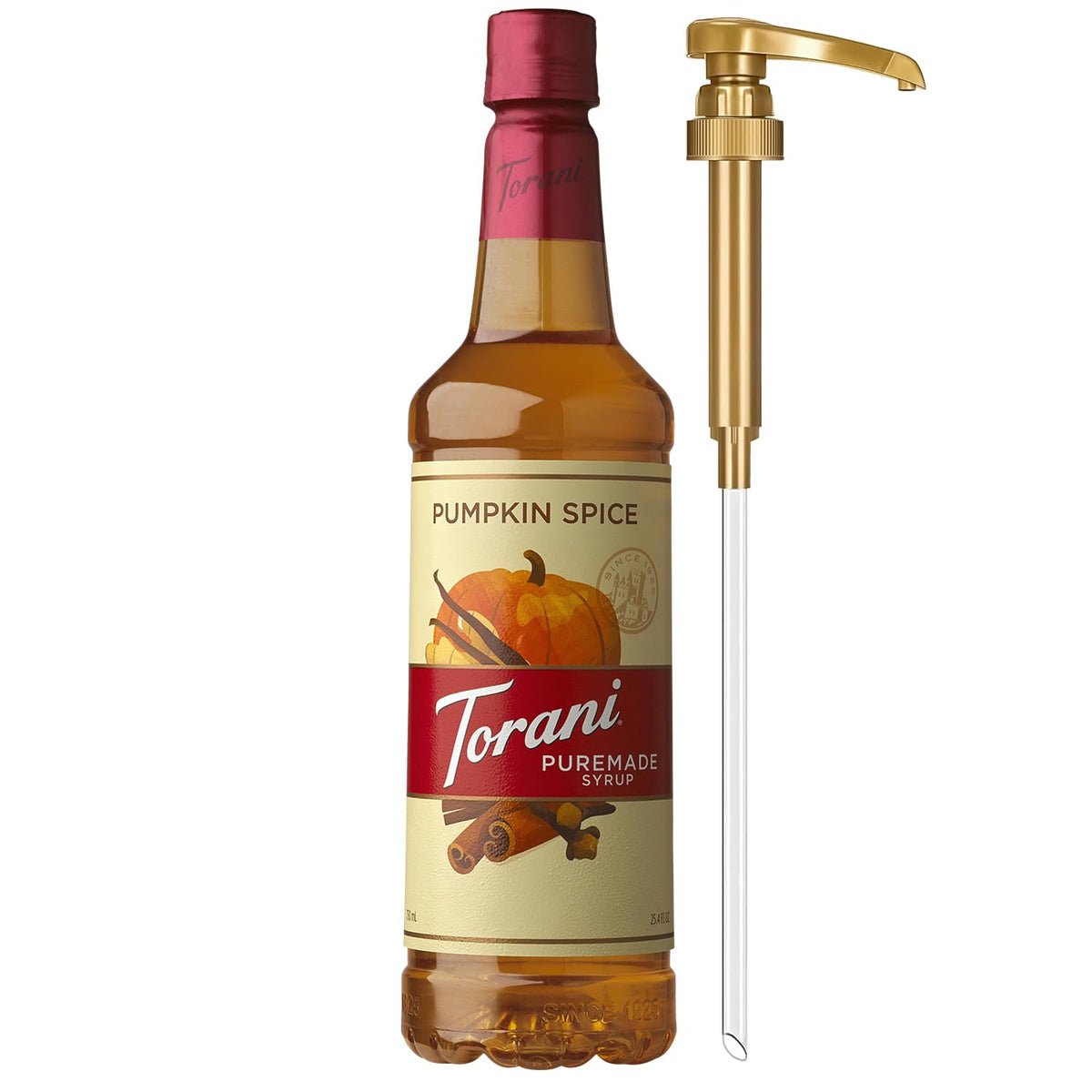 Torani Puremade Pumpkin Spice Syrup bottle with pump for mess-free flavoring.