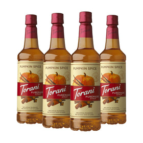 Torani Puremade Pumpkin Spice Syrup bottle adds authentic café flavor for lattes and desserts.