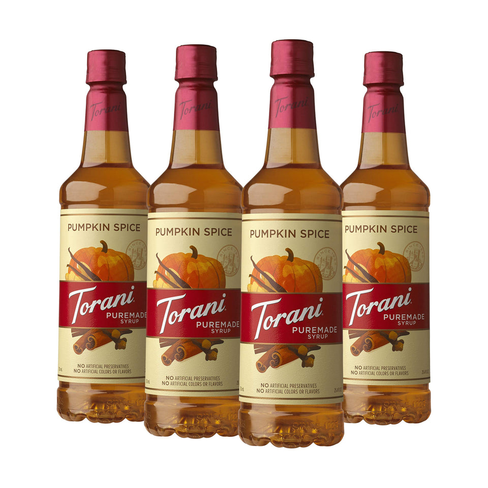 Torani Puremade Pumpkin Spice Syrup bottle adds authentic café flavor for lattes and desserts.