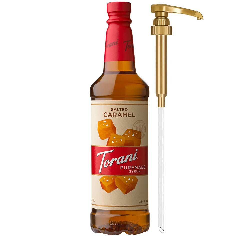 Torani Puremade Salted Caramel bottle with pump for easy at-home flavoring.