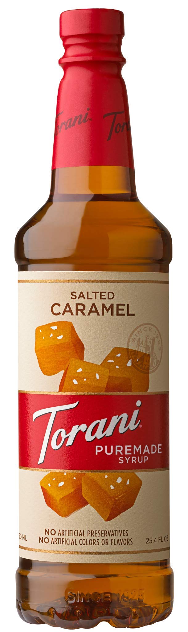 Torani Puremade Salted Caramel Syrup bottle shows natural ingredients for cafe-style lattes at home