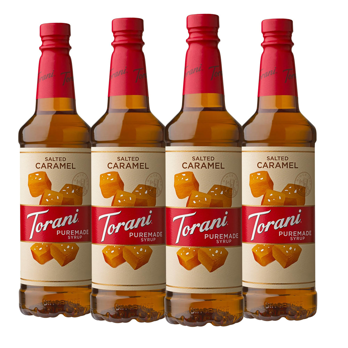 Torani Puremade Salted Caramel bottle, natural ingredients for latte flavor at home.