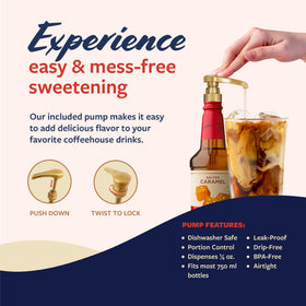 Torani bottle beside espresso machine demonstrates versatile use for coffee and milk drinks.