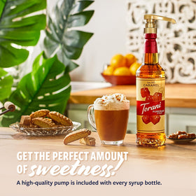 Torani Puremade Salted Caramel bottle on counter enables quick, indulgent drinks.