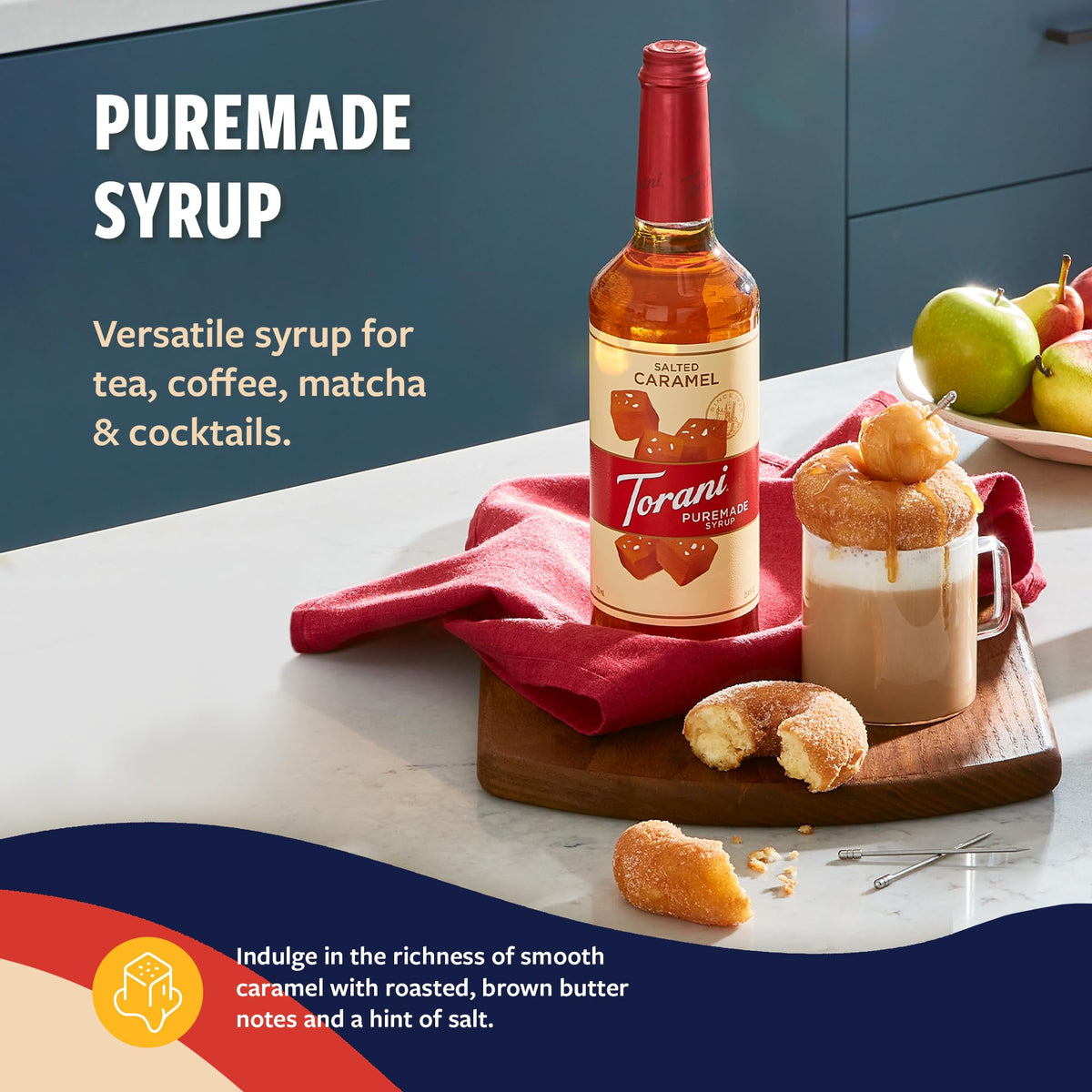 Torani salted caramel label art highlights natural colors and premium flavoring.