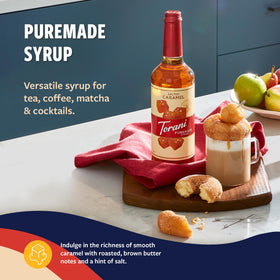 Torani salted caramel label art highlights natural colors and premium flavoring.